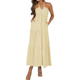 AmySister Women's Casual Summer Halter Tiered Maternity Maxi Dress with Pockets Beige XS
