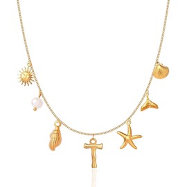 Initial Charm Necklaces for Women Girls 14K Gold Plated A-Z Letter Necklaces Shell Boho Summer Seashell Alphabet Choker Necklace Starfish Surfer Monogram Name Necklace Beach Jewelry Gifts (Gold-T)