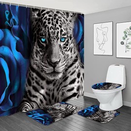 NBVKO 4PCS Blue Rose and Leopard Shower Curtain Set with Non-Slip Rugs,Toilet Lid Cover and Bath Mat,Bathroom Shower Decor Accessory Set