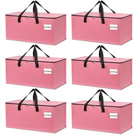 6-Pack Extra-Large Heavy-Duty Storage Totes with Reinforced Handles, Durable Zippers & Waterproof Material — Perfect for Space-Saving, Moving, Shipping and Travel (Pink)