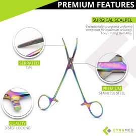 Cynamed Set of 2 Artzone Multi Color Hemostat Forceps with Serrated Jaws, Stainless Steel Rainbow Pliers - 5.5 inch