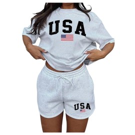 SHENHE Women's 4th of July Outfits 2 Piece American Flag Tee Shirt and Sweat Shorts Set Tracksuit Light Grey Medium
