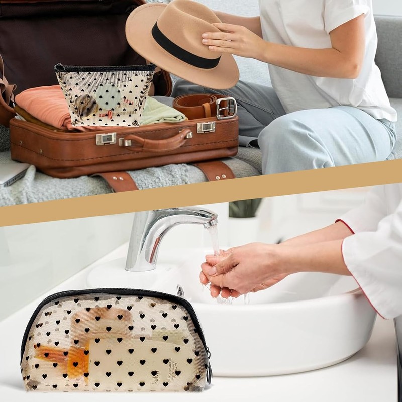 Set 5 Bolsas de Malla Transparente con Estampado Corazón, Neceser