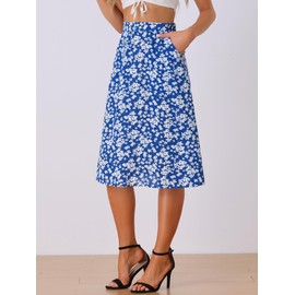 Allegra K Women's A-Line Midi Skirt Floral Print Chiffon Vintage 2024 Summer Skirts Small Blue White