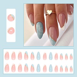 Ceboic Almond Short False Nails, Pack of 24 White Blue French Press on Nails Artificial Nails, Shiny Glossy Acrylic Nails for Sticking, False Nails for Women and Girls
