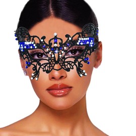 Flimire Lace Mask for Women Rhinestone Butterfly Masquerade Masks Venetian Costume Ball Party Eye Mask (Blue)