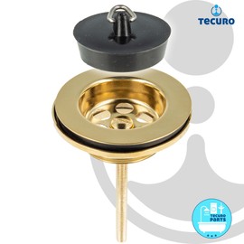 tecuro Universal Drain Valve Gold-Plated 1 1/4 Inch for Washbasins with Plugs 38.5 mm, Total Diameter 60 mm, Stainless Steel Sieve Plate