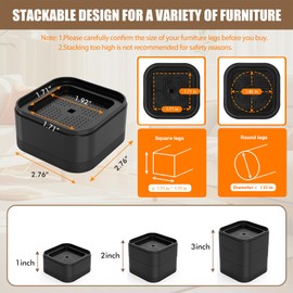Hnndlra 4 Pack Furniture Risers, Ajustable Bed Lifts Rrisers, 1 Inch Stackable Heavy Duty Desk Riser, Table Leg Risers, Square Bed Raising Blocks, for Bed Desk Leg Couch Sofa Table Chair Dorm, Black