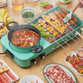 3 in 1 Electric Hot Pot with Grill, 1600W Smokeless Multifunction Korean BBQ Grill Shabu Shabu Hot Pot Combo, Independent Temperature Control & Non-stick Pan for 3-5 People