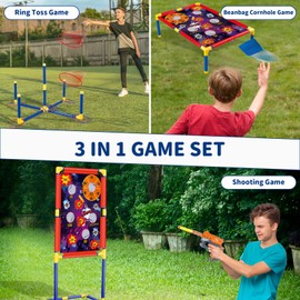 Outdoor Shooting & Cornhole & Ring Toss Games Set for Kids – 3-in-1 Carnival Game Set Target with Bean Bags Blasters Rings Balls, Garden Indoor Outdoor Toys for Boys Girs Ages 5 6 7 8 9 10+ Ideal Gift