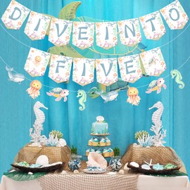 Fangleland Under The Sea Theme 5th Birthday Party Decorations, Sea World Dive Into Five Birthday Banner Decor, Ocean Creatures Underwater Animals 5 Years Old Garland Party Supplies