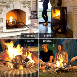 26" Fireplace Fire Pit Tongs & 32" Fire Pit Poker, Fireplace Wood Stove Firewood Tongs, Black Heavy Duty Wrought Iron Log Grabber Tools for Campfire, Bonfires, Indoor & Outdoor Use