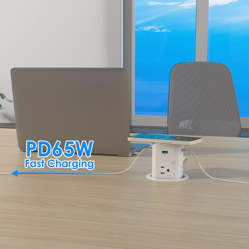 ANNQUAN 3.15" Pop Up Countertop Outlet Wireless Charger 65W USB