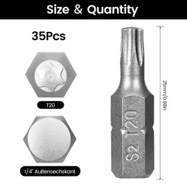 25 mm Bit Set Torx, 1/4 Inch Hexagonal Handle Drive Tool, Bit Set for Cordless Screwdriver, Torx Bit Set S2 Steel Nickel-Plated Surface, Bit Set for Hand and Electric Screwdriver (T20)