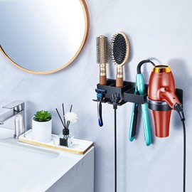 Oukimly Hairdryer Holder Wall Mounted Hair Straightener Holder, Blow Dryer Holder, Metal Hair Tool Organizer for Straighteners, Hair Dryer, Brush, Curling Iron (Black)