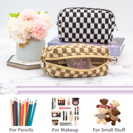 PAZIMIIK Checkered Makeup Bag for Purse Portable Zipper Make Up Pouch Small Cosmetic Case for Travel Accessories (2PCS Black Coffee)