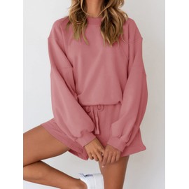 MEROKEETY Women's 2025 Fall Oversized Batwing Sleeve Lounge Sets Casual Top and Shorts 2 Piece Outfits Sweatsuit Pink
