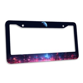 Neon City License Plate Frame 2 Pack Cyberpunk City Fantasy Moon License Plate Frames Car Plate Holder Universal Accessories License Plate Aluminum Car Tag Frames for Women Men US Vehicles