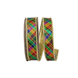Reliant Ribbon Plaid Jewel Tone Deluxe Metallic Backed Wired Edge Ribbon, Multi