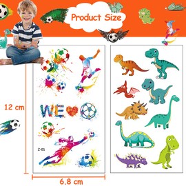 Children's Tattoos, 20 Sheets Temporary Tattoos, Children's Football Dinosaur Temporary Tattoo Stickers, Waterproof Cartoon Children's Tattoos Set for Boys Girls Children's Birthday Party Bag Party