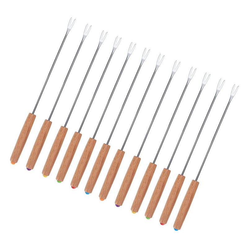 12-Piece Stainless Steel Barbecue Fork Skewer Set with Wooden Handle,