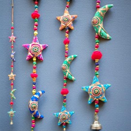 Moon and Star Ornament Ethnic Kalamkari Multi colour Handmade Door Hanging Decorative Five Stringed Together with Beads and Bell Wind Chime