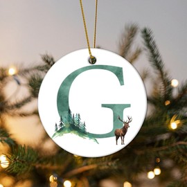 SILYHEART Monogram Letter G Christmas Ceramic Ornaments Woodland Green Elk Letter Ceramic Christmas Keepsake Alphabet Letters Vintage Ornament for Decorating Christmas Home 3 in