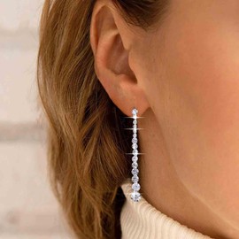 Aneneiceera Vintage Crystal Tennis Chain Earrings Silver Rhinestone Dangle Stud Earrings CZ Linear Drop Earrings Wedding Chandelier Earrings Jewellery for Women, Zinc