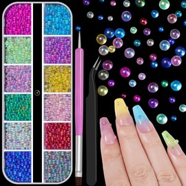 Resin Bubble Beads,12 Colors Mixed Size Mini Beads Iridescent Crystals Beads No Hole with Tweezers and Dual-end Brush for DIY Shaker Resin Mold Filler Jewelry Making UV Nail Decorations