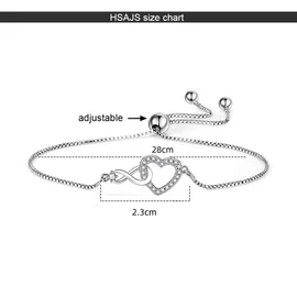HSAJS Bracelet for Women Silver Heart Pendant Bracelet with Zircon Friendship Bracelet Adjustable Bracelet Valentine's Day Birthday Christmas Gift, Stainless Steel