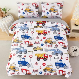 ANGIYUIN 5 Pieces Red Blue Twin Size Comforter Sets for Boys Construction Kids Bedding Sets Cartoon Excavator Tractors Bed in a Bag with Sheets for All Season