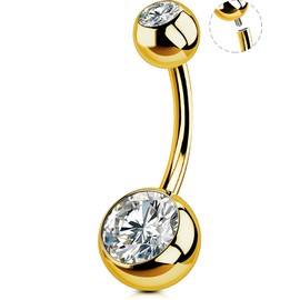 OUFER 14G Belly Button Piercing Titanium Gold 10/12/14/16 mm Bar Length Internal Thread Piercing Navel Long CZ Balls Titanium Belly Button Piercing Navel Bars Navel Ring, Cubic Zirconia