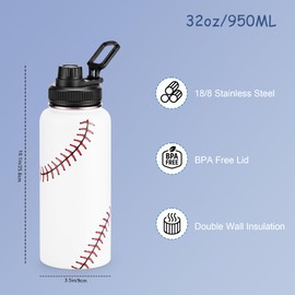 Cutiset 32 oz Baseball Water Bottle with Lids, Stainless Steel Leak Proof Sports Water Flask, Vacuum Metal Water Bottle,Baseball Line Design