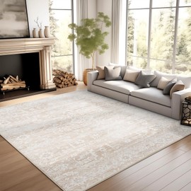 Soalmost 8x10 Area Rugs for Living Room, Stain Resistant Washable Rugs for Dining Room, Kitchen, Floral Vintage Non-Slip Thin Large Beige Rug