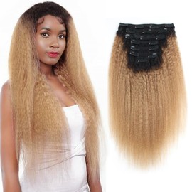 ABH AMAZINGBEAUTY HAIR Kinky Straight Clip in 10 Inch Two Tone Seamless Kinky Straight Clip in Remy Human Hair Clip on Extensions for Black Women Ombre Blonde #1B/27 120G 7Pcs Kinky Straight Hair