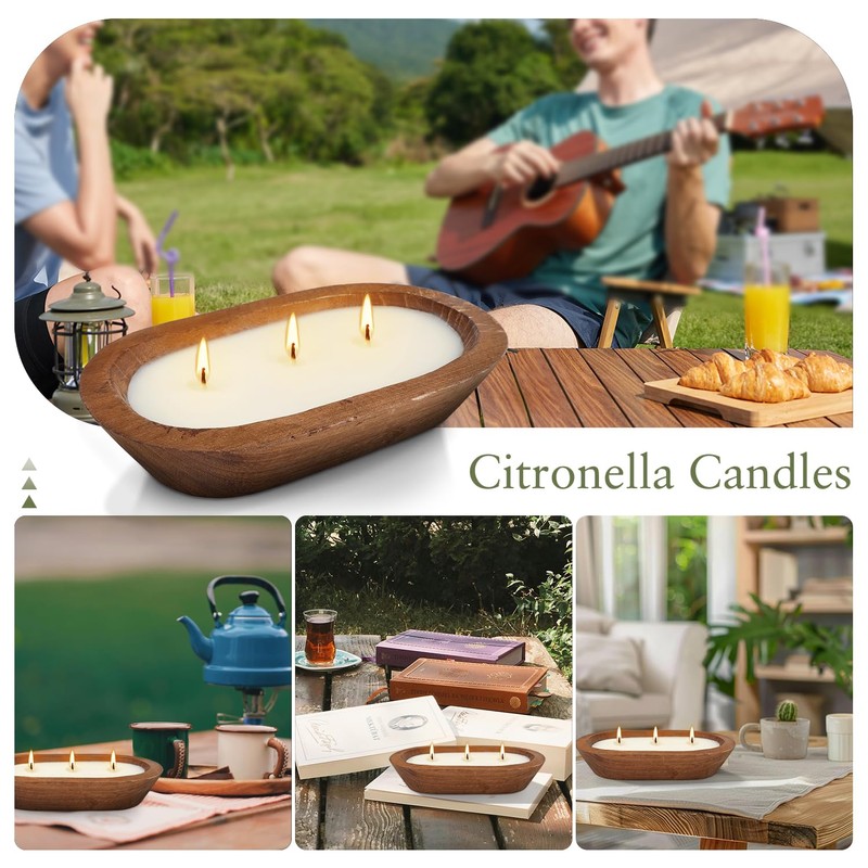 Citronella Scented 3-Wick Candle (8oz) Oval Wood Bowl Candle, Clean
