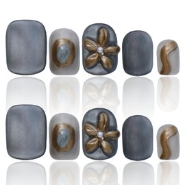 15 PCS Homemade Press On Nails Floral Nails 3D Press On Nails Dark Blue Press On Nails Cute Nails Press On Nails For Women Press On Flower Press On Nails COOLYOUNG Handmade Nails, Size L