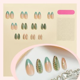 Green French Tip Press on Nails Star Fake Nails Medium Almond False Nails with Design Gold Line Glue on Nails Glossy Artificial Acrylic Full Cover Nude Stick on Nails for Women Manicure 24Pcs