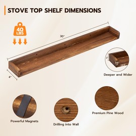 Fun Memories Stove Top Shelf, 30" Magnetic Shelf Over The Stove Spice Rack, Solid Wood Stove Shelf, Wall Mounted Shelf for Kitchen Storage Organization, Heat and Pressure Resistant, 1pcs, Dark Brown