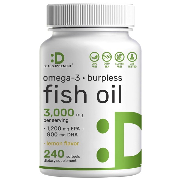 DEAL SUPPLEMENT Omega 3 Fish Oil Supplements, 3,000mg Per Serving, 240 Softgels – EPA 1,200mg + DHA 900mg – Burpless Pills, Lemon Flavored, Wild Caught – Brain & Heart Support – Mercury Free, Non-GMO