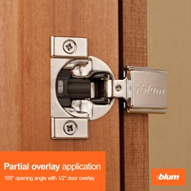 Blum Compact BLUMOTION Hinge (10 Kits), 1/2" Overlay, 105° Opening Angle, Steel, Integrated Soft-Close Hinges for Face Frame Cabinets