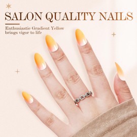 VAVAVAILS Press On Nails Glossy Gradient Yellow Non-Transparent False Nails Fake Nails, Long Almond Nails, Reusable 12 Sizes - 24 Nail Kit with Glue & Jellied Gel