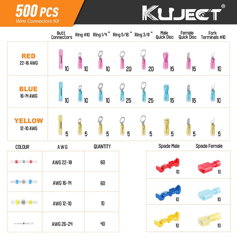 Kuject 500PCS Multipurpose Heat Shrink Wire Connectors Waterproof Electrical Crimp