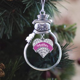 Inspired Silver - Magenta Mother Silver Christmas Ornament - Pave Heart Charm Christmas Tree Ornament with Cubic Zirconia - Snowman Hanging Decoration