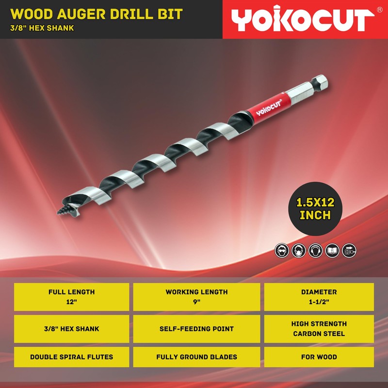 YOKOCUT 1-1/2" x 12" Auger Drill Bit for Wood, Hex