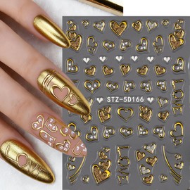 Valentines Red Gold Heart Nail Art Stickers Decals Valentine 3D Self-Adhesive Red Gold Heart Nail Design Stickers Valentines Hearts Nails Decals for Women DIY Manicure Love Nails Decoration Supplies