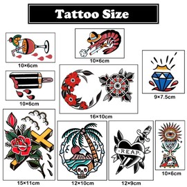 PUSNMI Vintage Temporary Tattoo for Men Women Cool Skull Tattoo Beach Rose Flower Tattoos Cross Sun Traditional Tattoo Long Lasting Fake Tattoos Face Temporary Tattoos for Arm Leg Wrist Chest