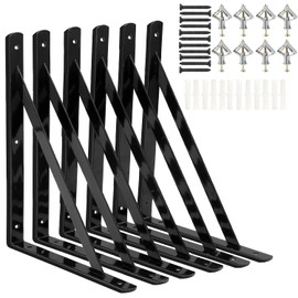 Shelf Brackets 12 x 8 inch, 6 Pack Heavy Duty Wall Shelf Brackets with 90 Degree Triangle, Black Metal Shelf Brackets, Shelves L Brackets(300x190mm)