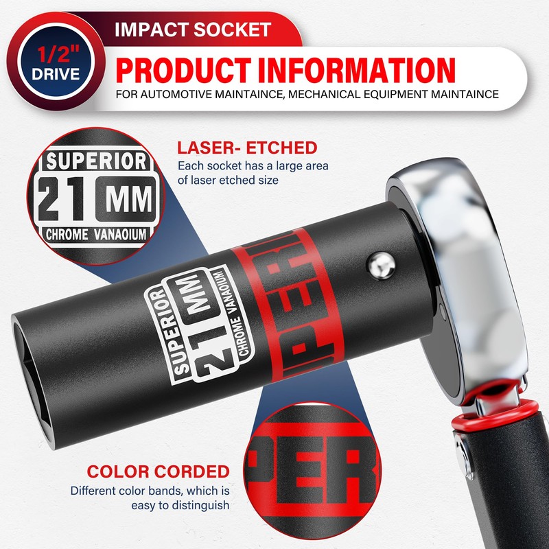 Aiourx 1/2" Drive Impact Socket, 21 mm Deep Socket, Metric,