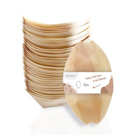 wisefood Disposable Birch Wood Snack Bowl, Brown, Pack of 50 Finger Food Bowls, Boat, to Go Snack Tray, Biodegradable Dip Bowls, Organic Disposable Tableware